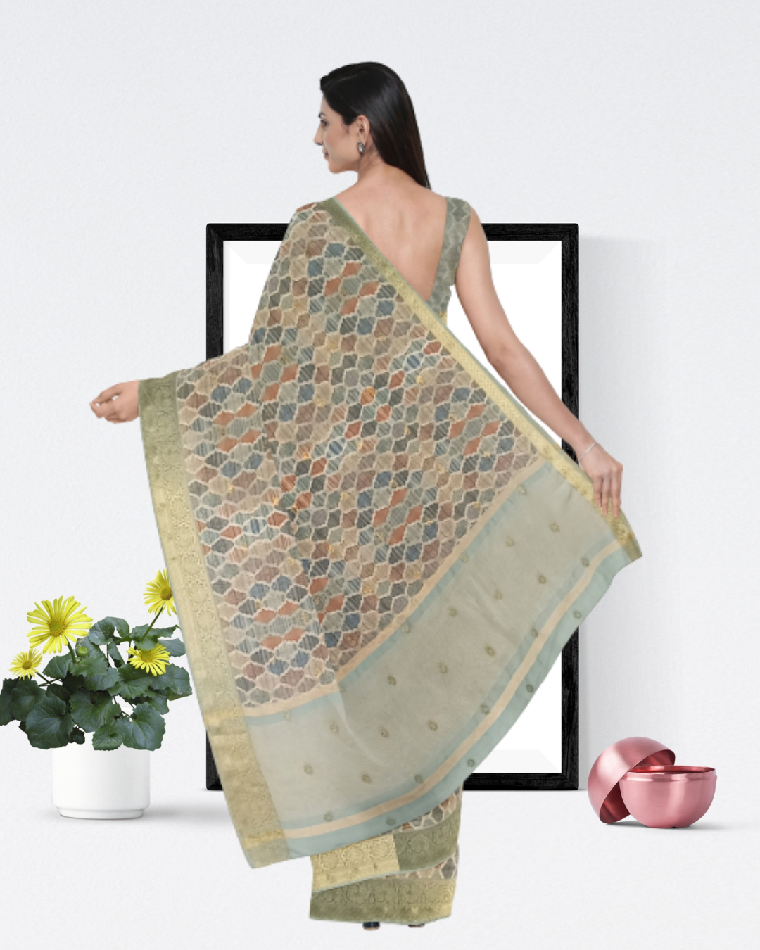 Chiku Color Linen Silk Saree for Women - Back Side View of Saree