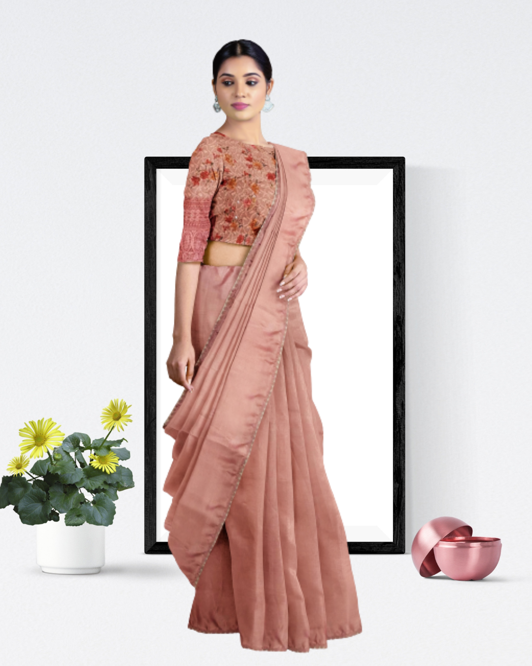 Onion Color Satin Plain Saree for Women - Side View of Saree