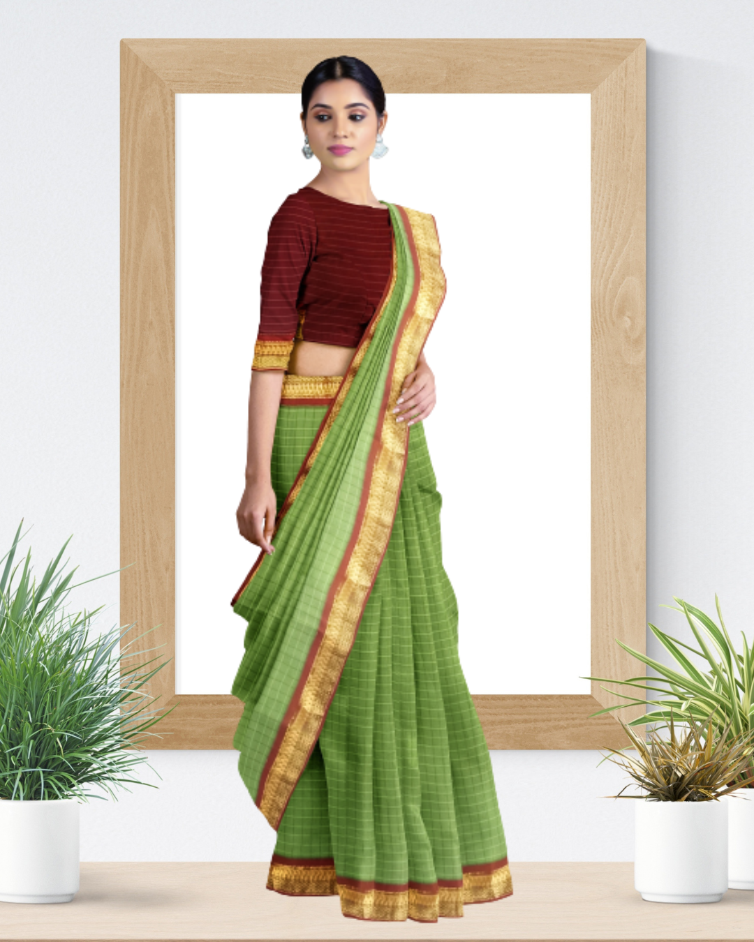 Green Color Cotton Gadwal Saree for Women - Side View of Saree