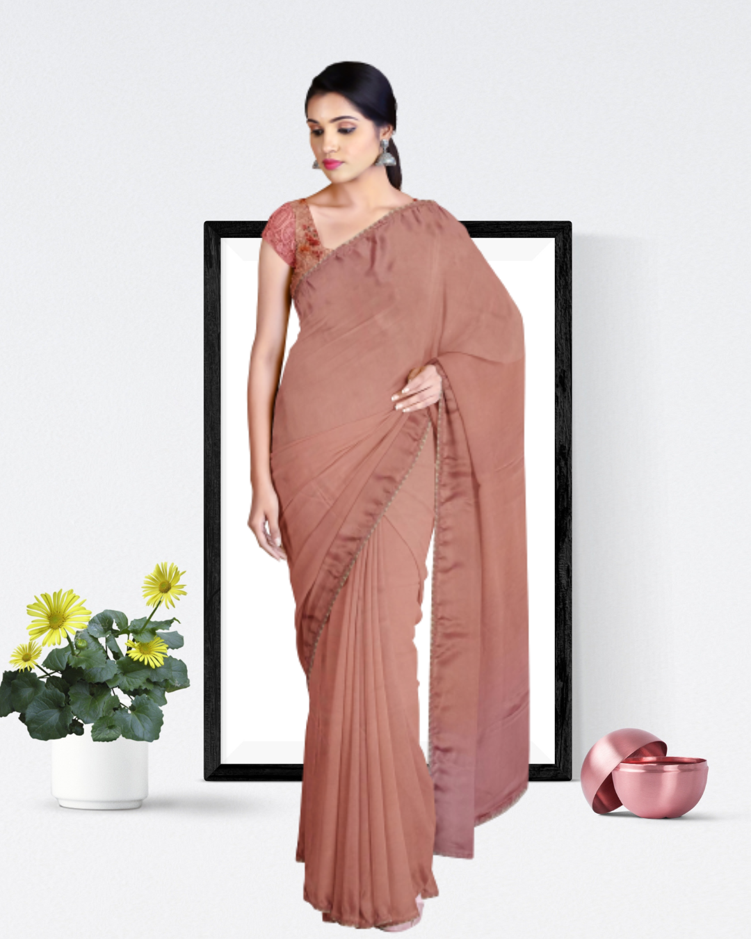 Onion Color Satin Plain Saree for Women