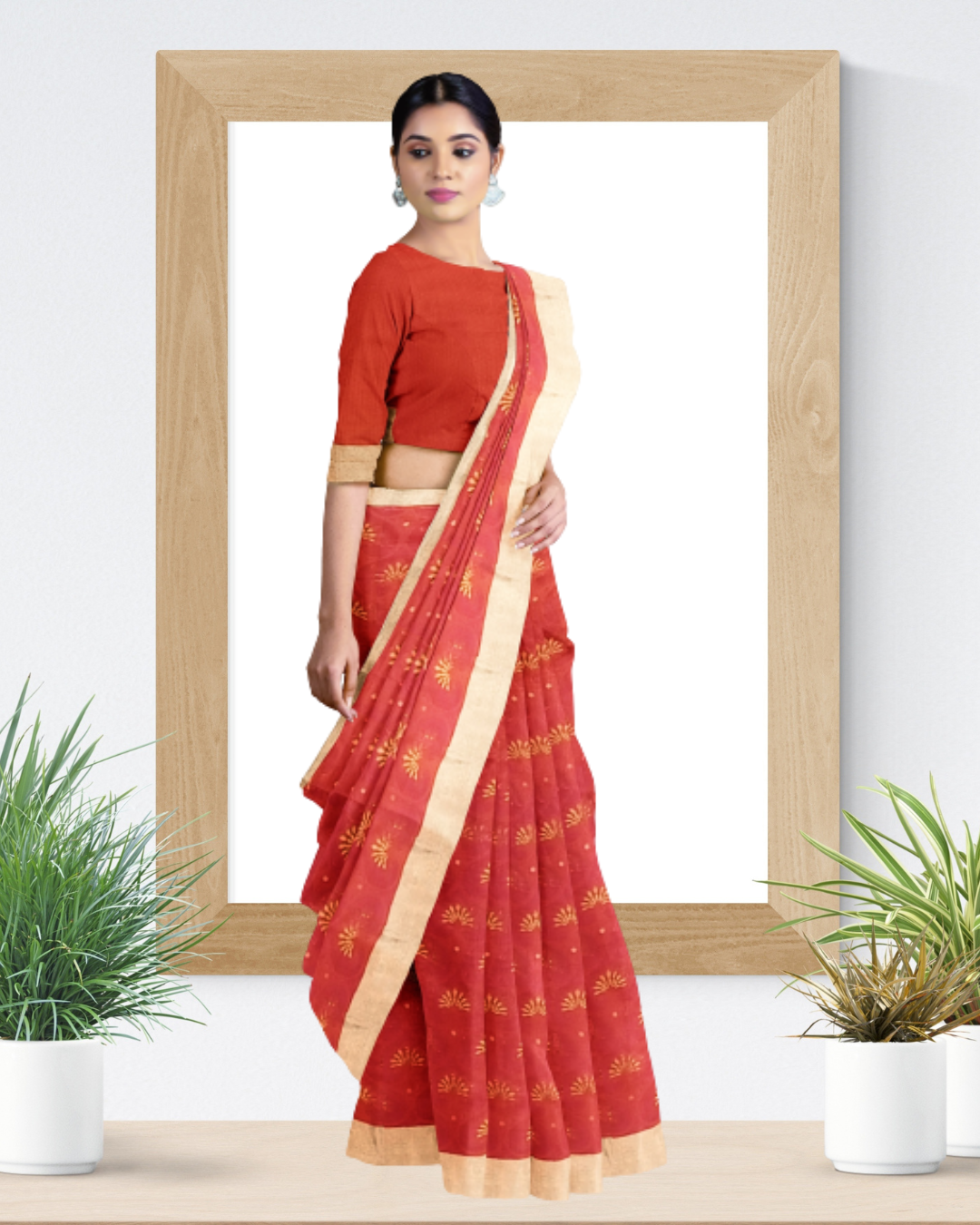 Red Color Gajari Cotton Saree for Women - Side View of Saree