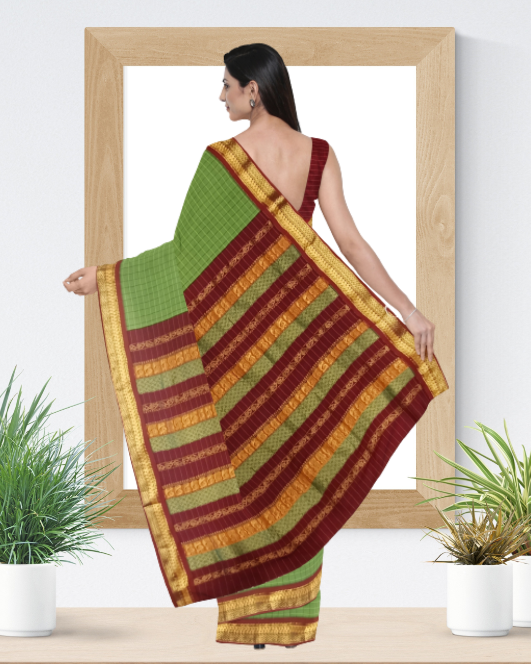 Green Color Cotton Gadwal Saree for Women - Back Side view of Saree