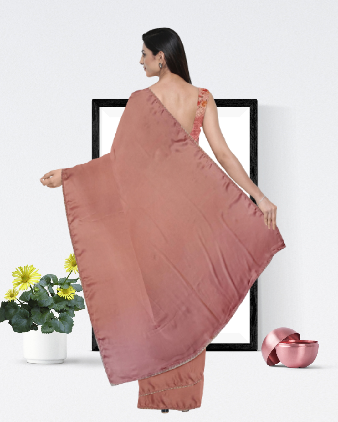 Onion Color Satin Plain Saree for Women - Back Side View of Saree