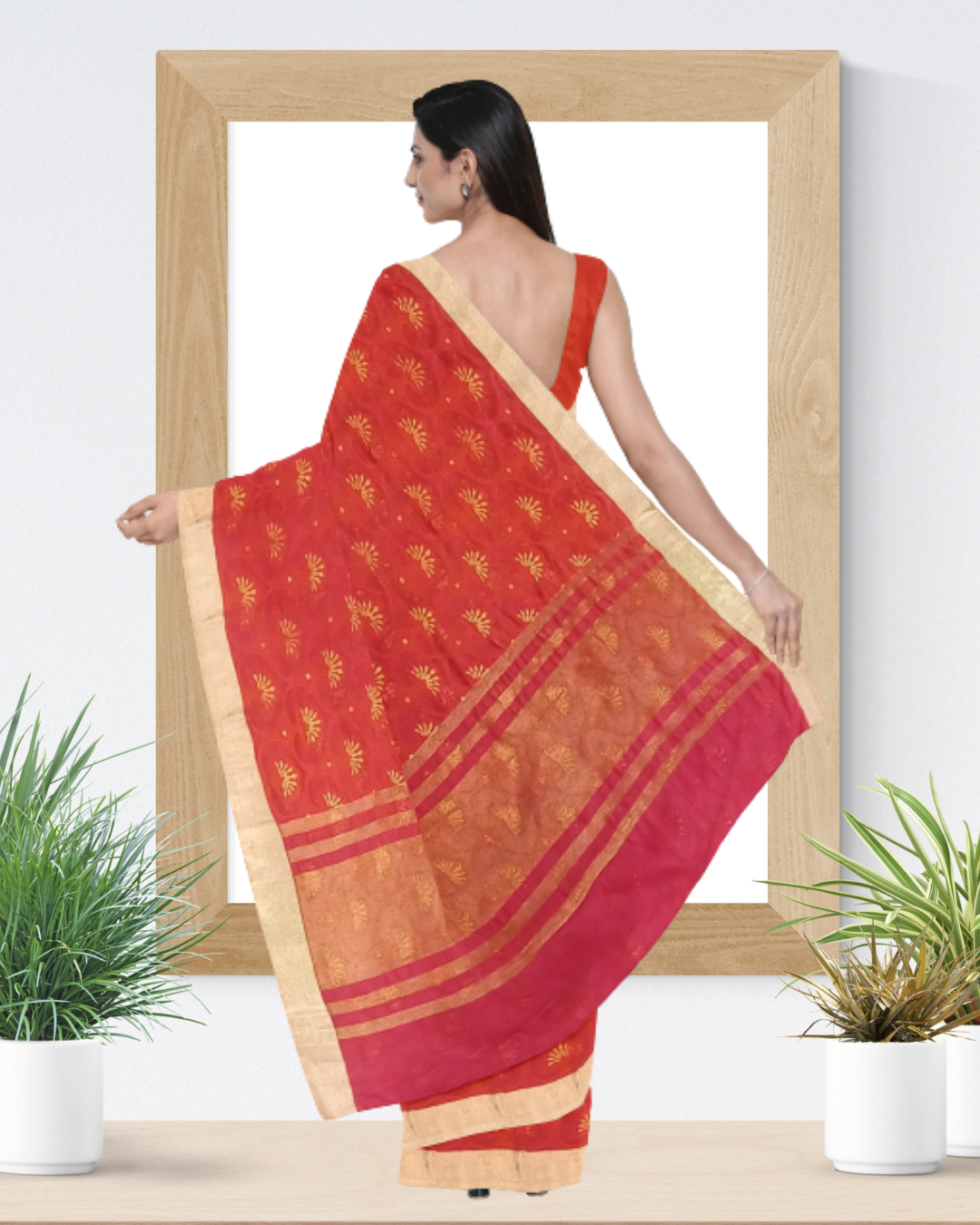 Red Color Gajari Cotton Saree for Women - Back Side View of Saree