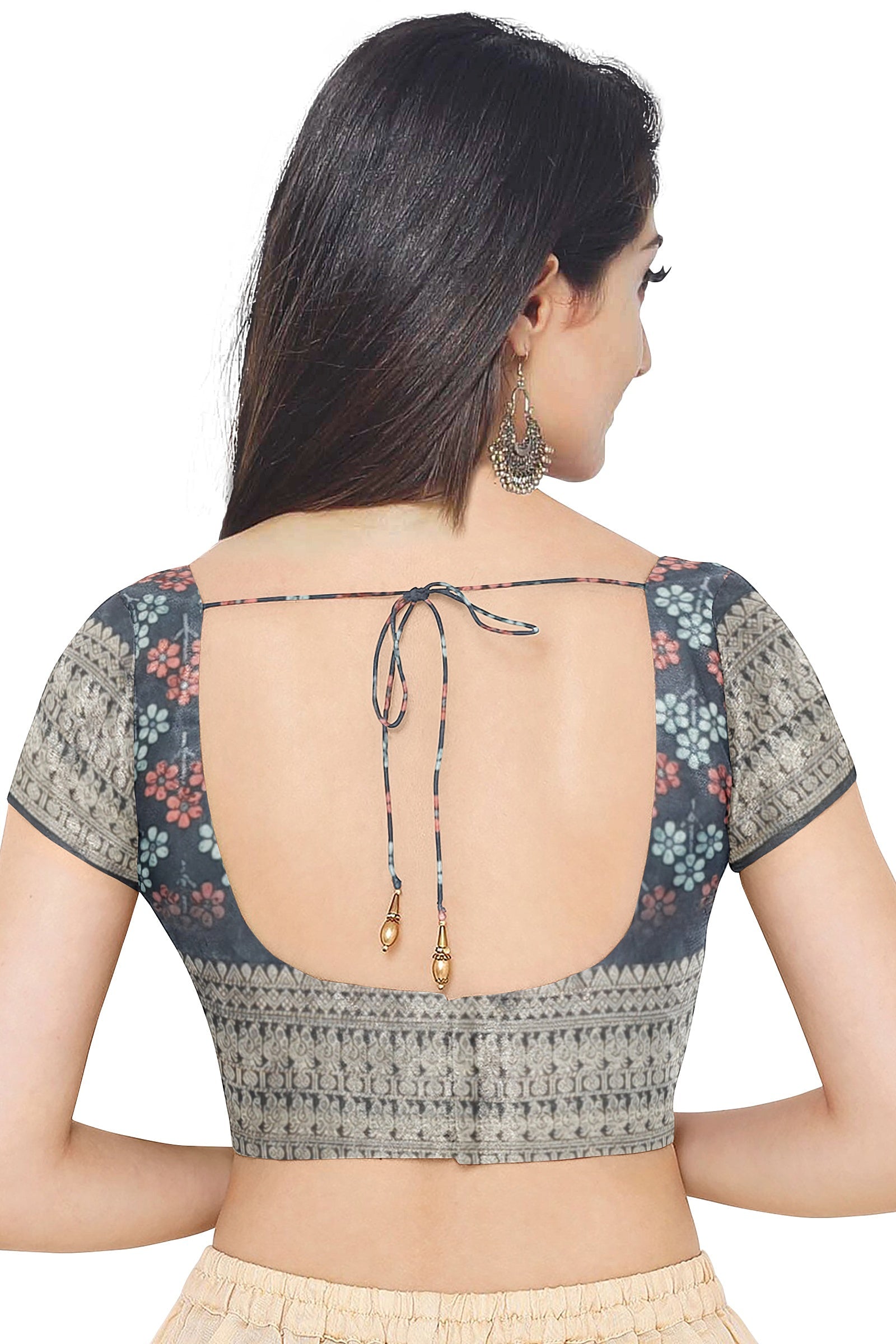 Grey Color Printed Silk Saree for Women - Back Side View of Saree Blouse