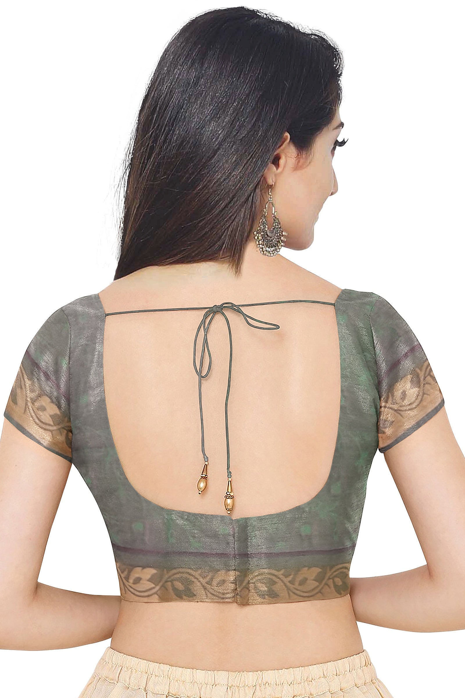 Grey Color Cotton Saree for Women - Back Side View of Saree Blouse