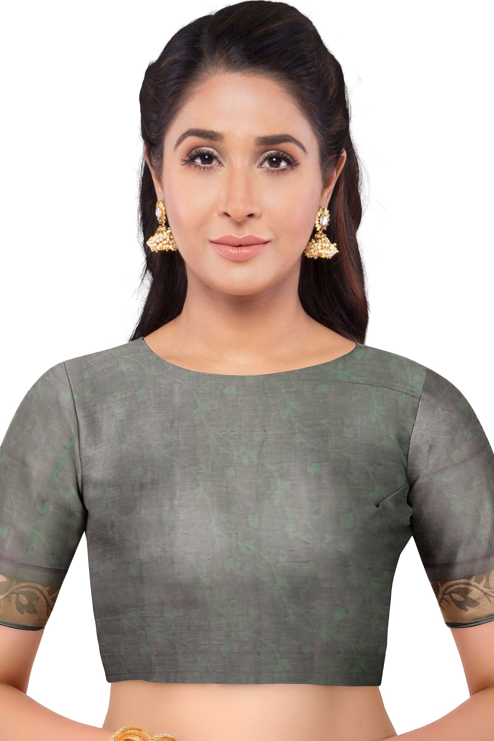 Grey Color Cotton Saree for Women - Front View of Saree Blouse