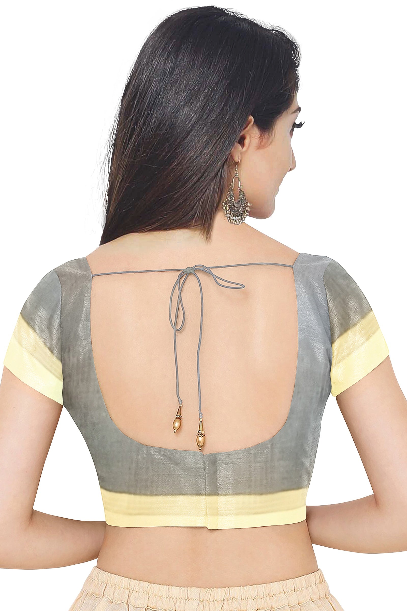 Cream Color Lenen Saree for Women - Back Side View of Saree Blouse