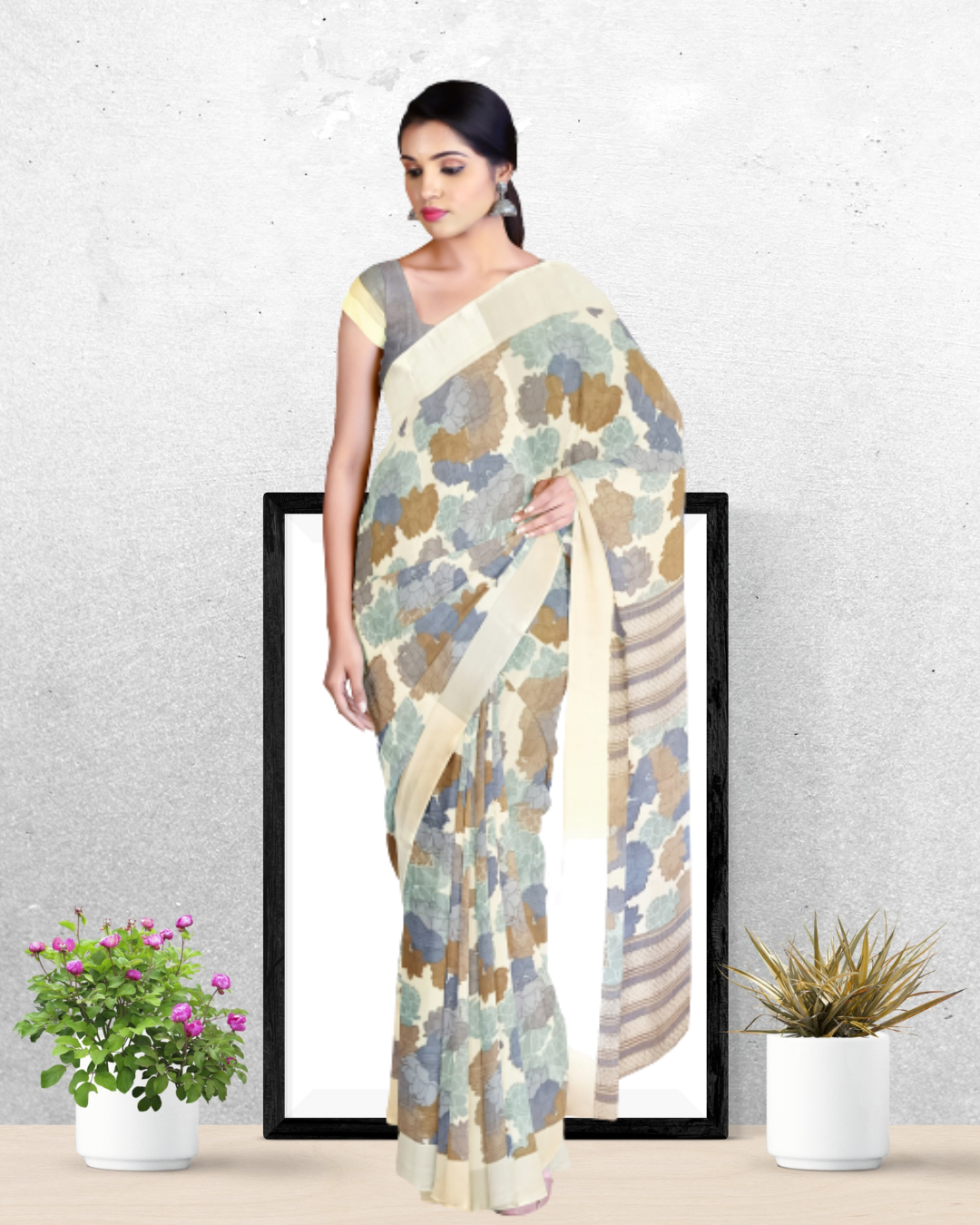 Cream Color Lenen Saree for Women