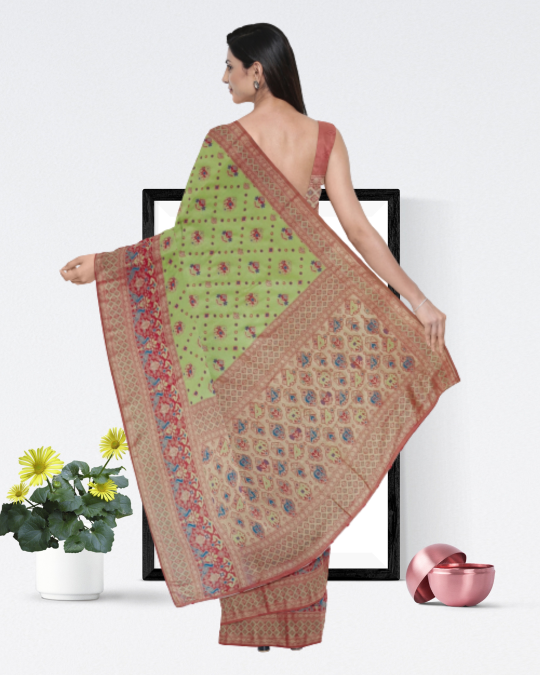 Parrot Color Tissue Patola Saree for Women - Back Side View of Saree