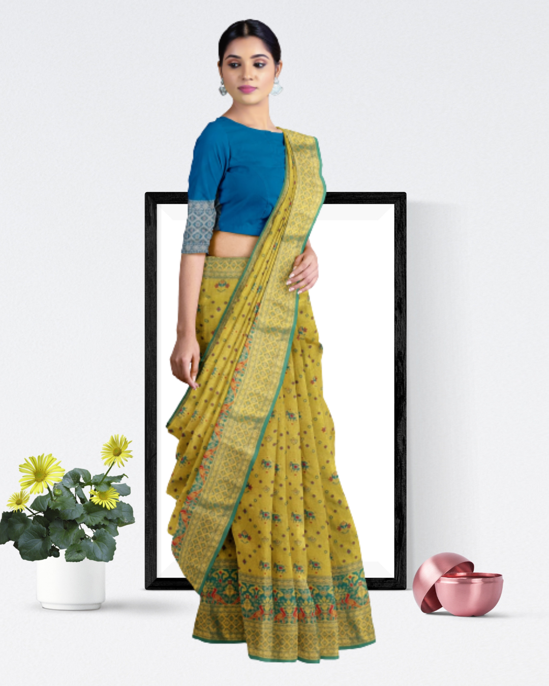 Rama Color Tissue Patola Saree for Women - Side View of Saree