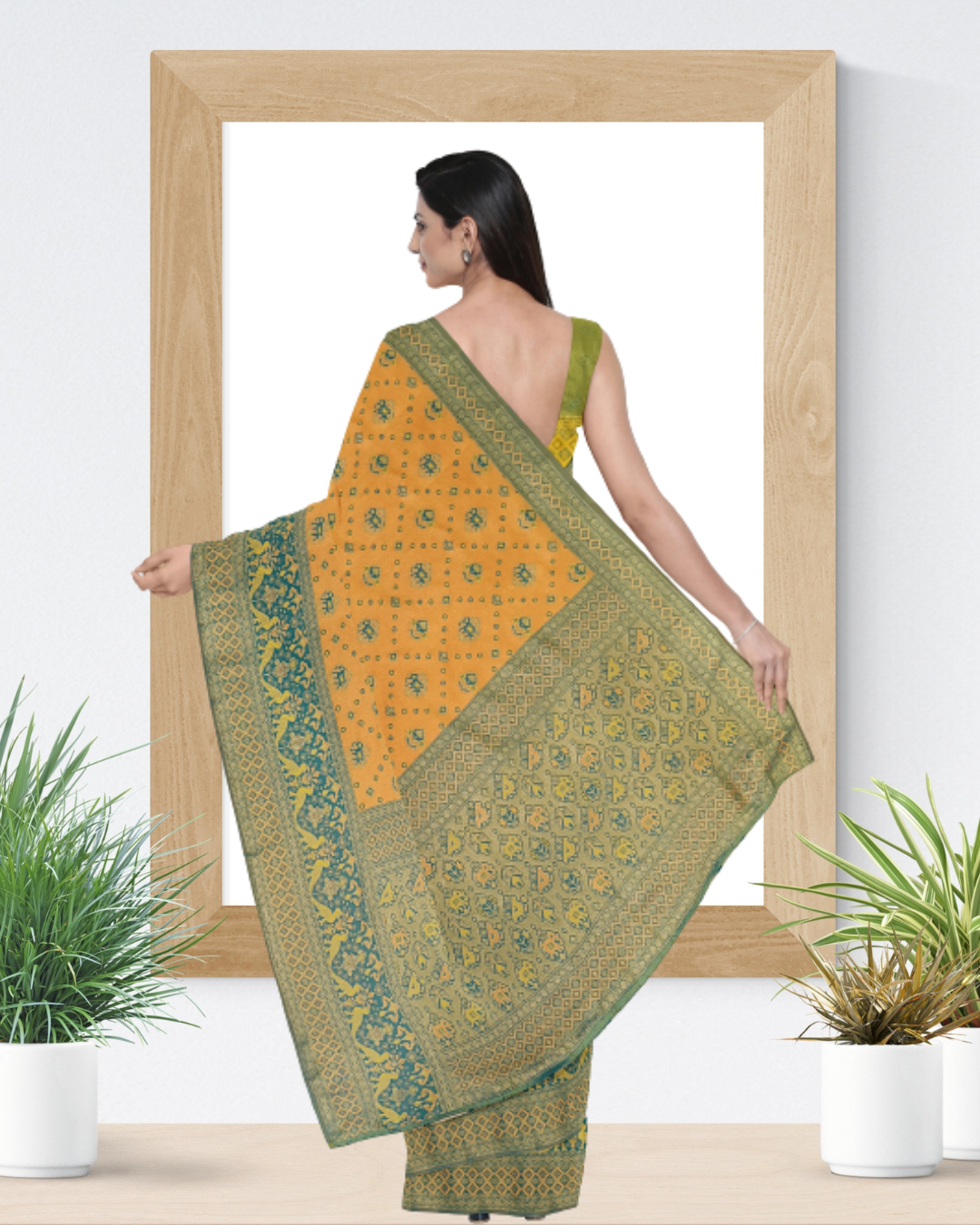 Golden Color Tissue Patola Saree for Women - Back Side View of Saree