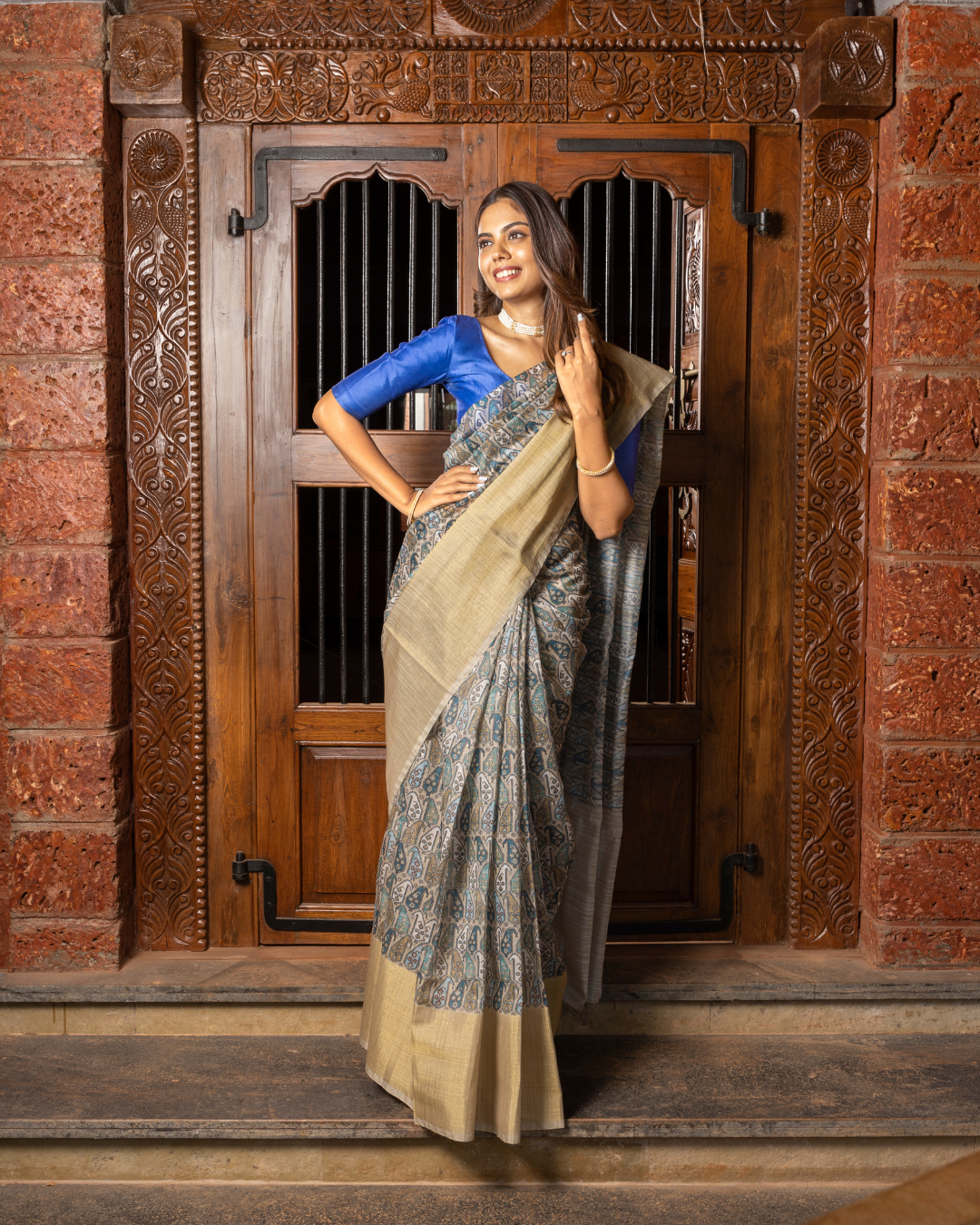 Golden Blue Color Tussar Printed Silk Saree for Women