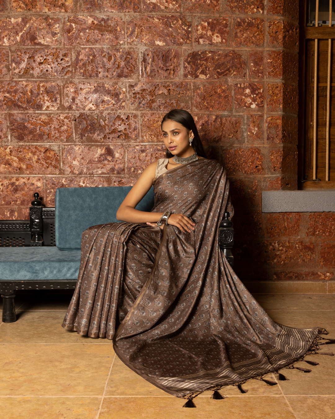 Brown Color Printed Tussar Silk Saree for Women