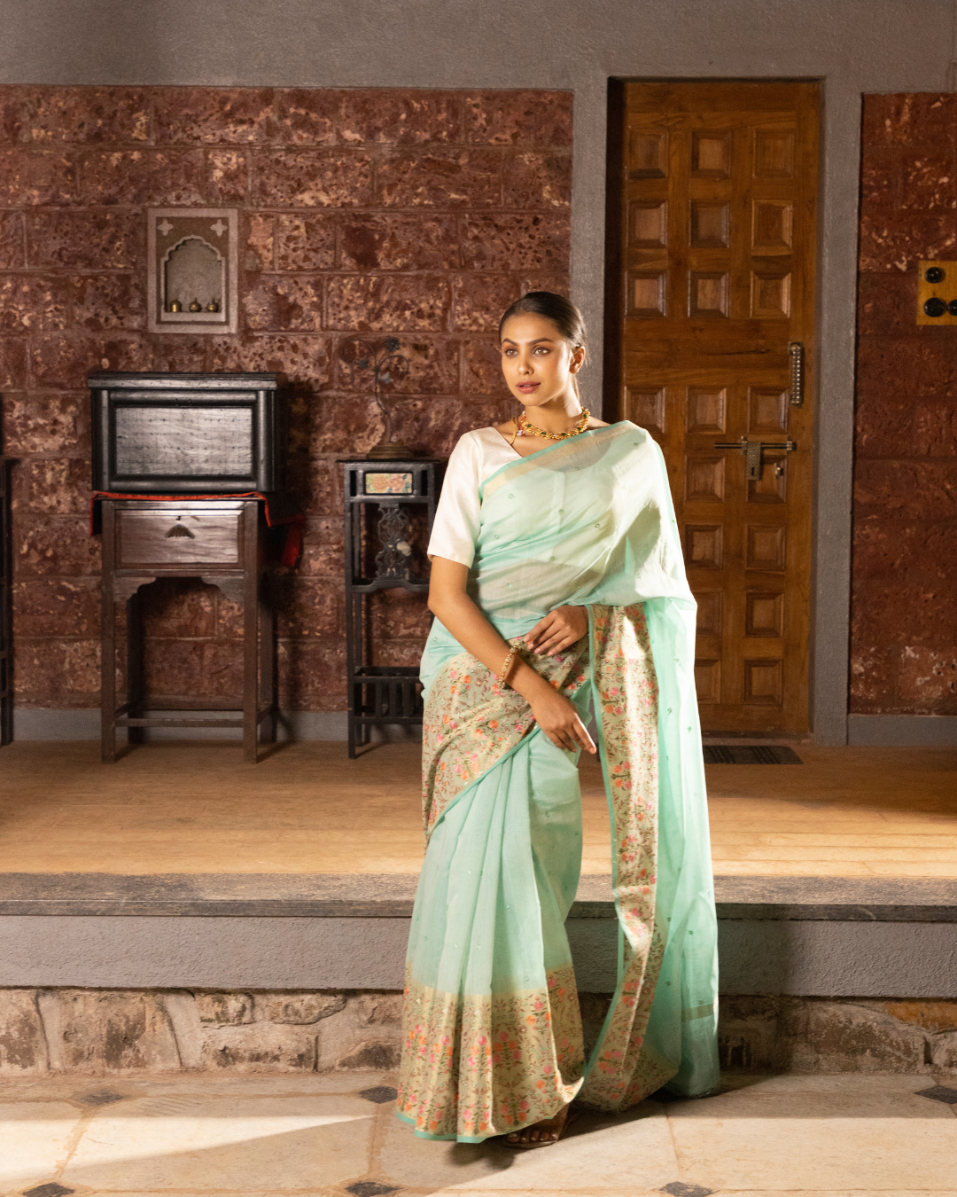 Sea Green Color Cotton Lenen Saree for Women 