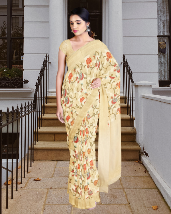 Cream Color Organja Silk Saree for Women