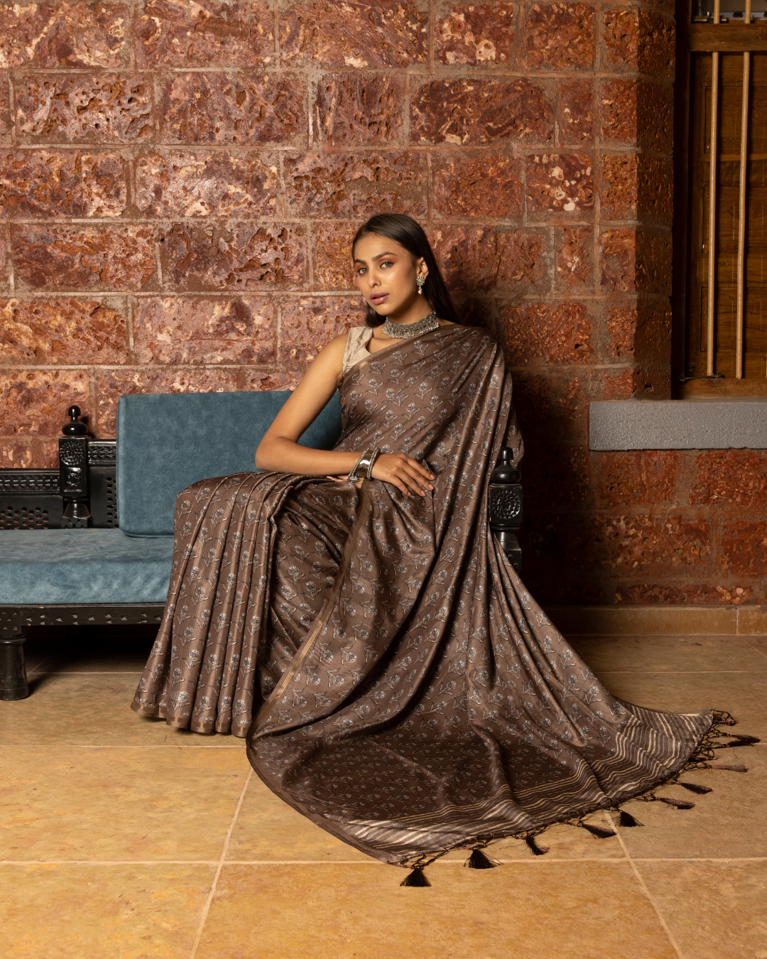 Brown Color Printed Tussar Silk Saree for Women