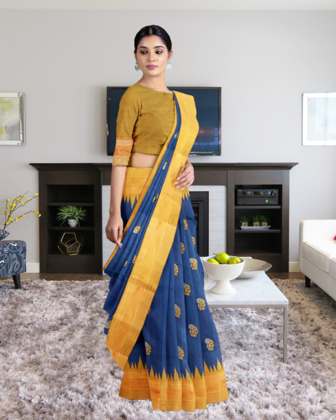 Navy Blue Color Raw Silk Saree for Women - Side View of Saree