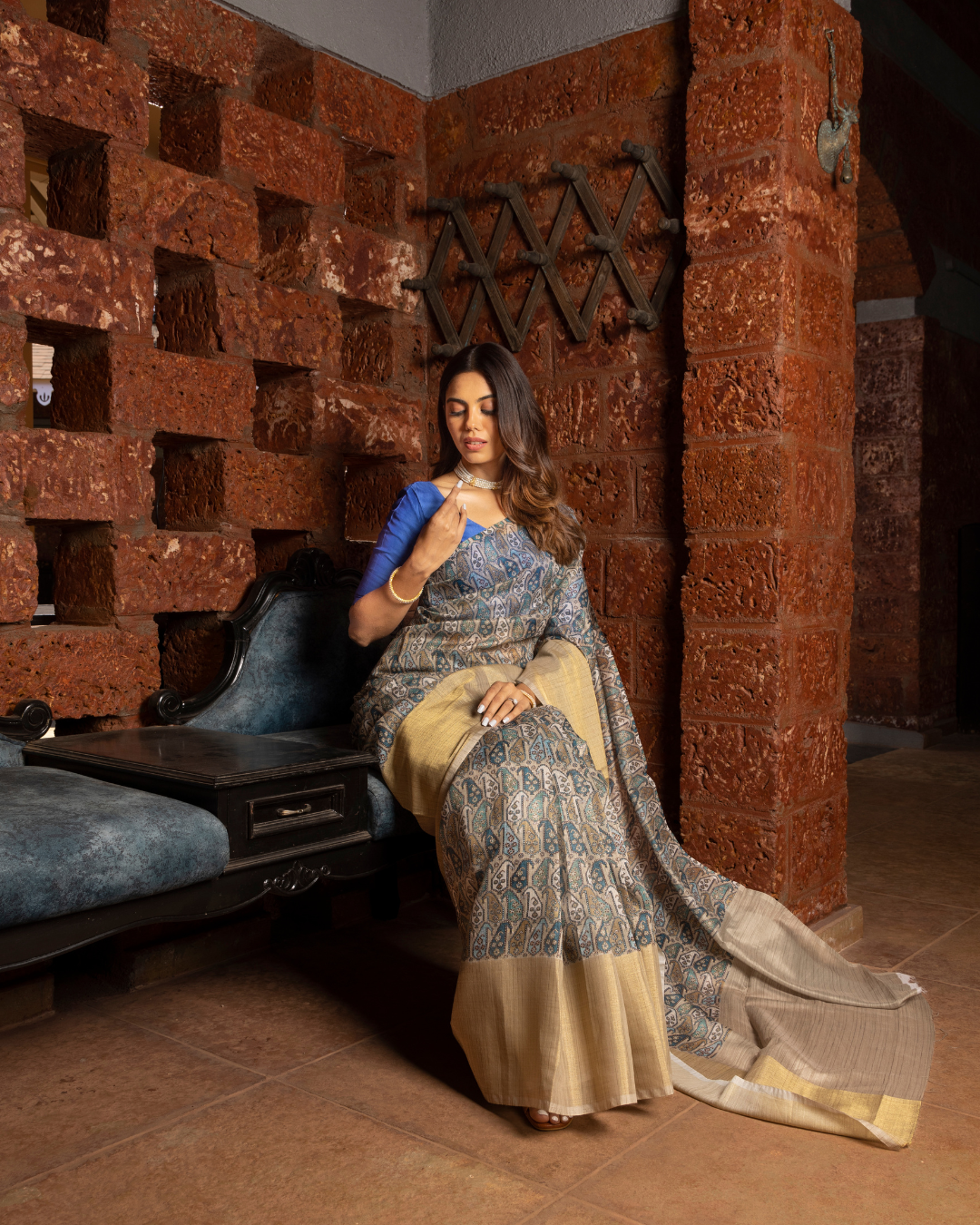 Golden Blue Color Tussar Printed Silk Saree for Women