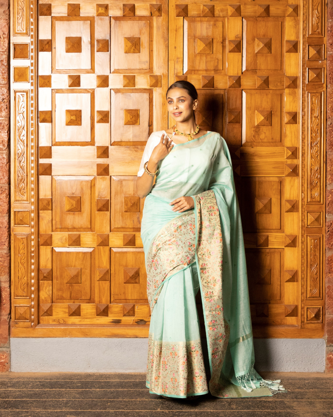 Sea Green Color Cotton Lenen Saree for Women