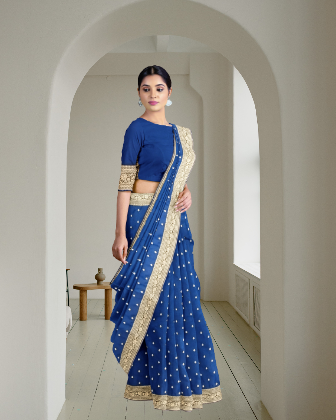 Navy Blue Color Banaras Katan Silk Saree for Women - Side View of Saree