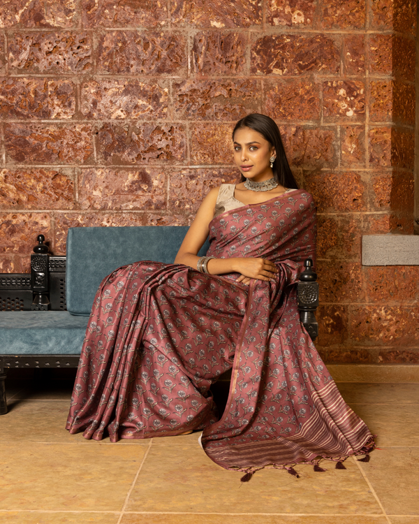 Dark Onion Color Printed Tussar Silk Saree for Women