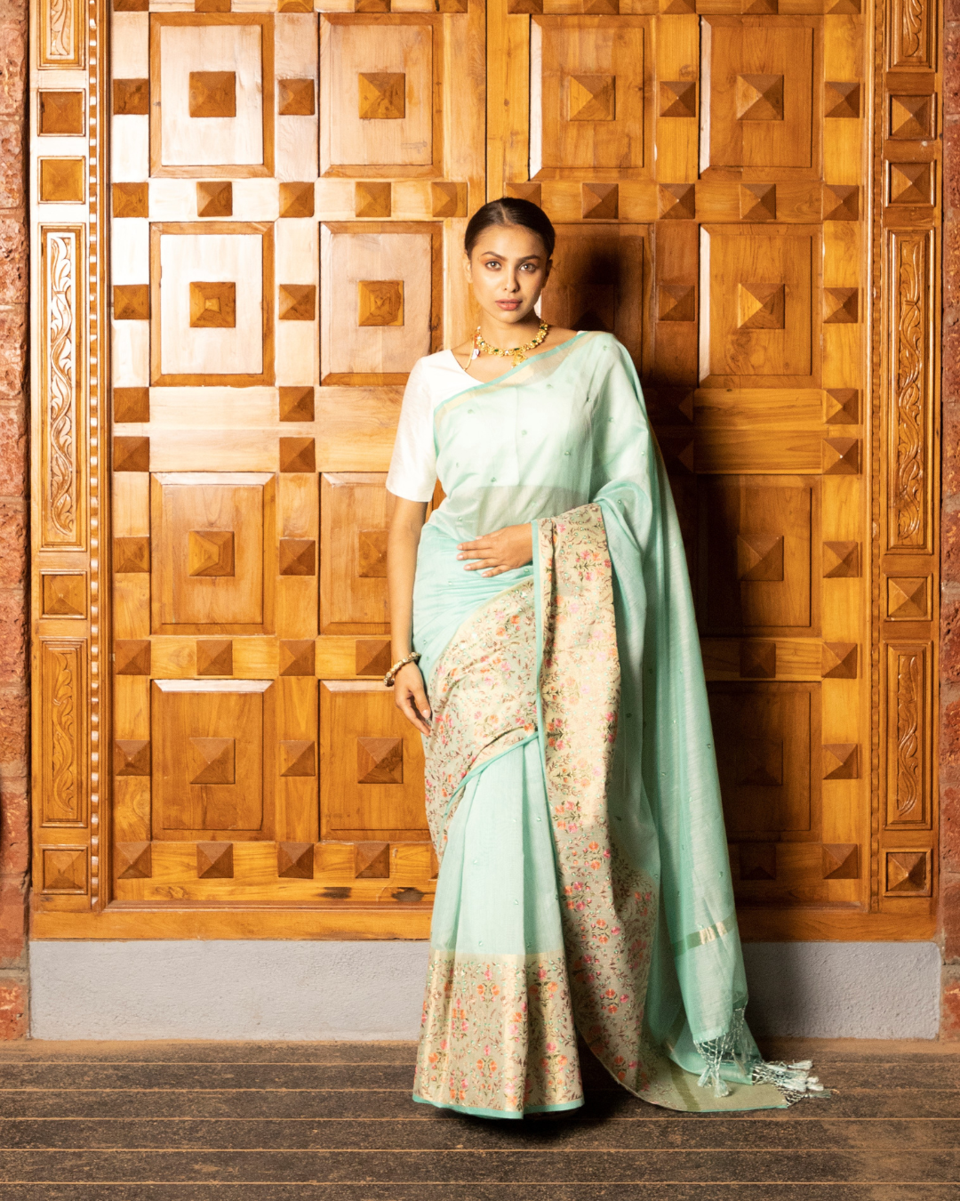 Sea Green Color Cotton Lenen Saree for Women