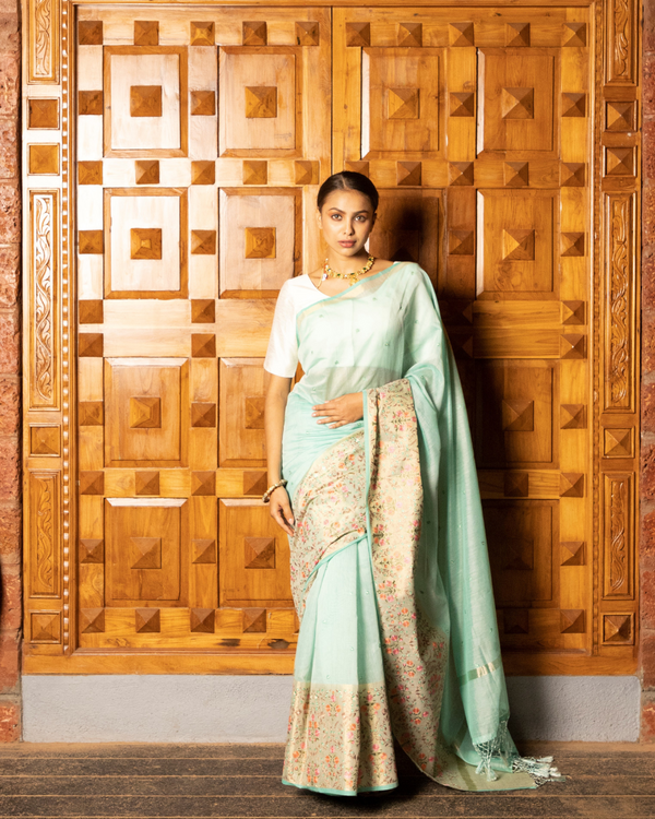 Sea Green Color Cotton Lenen Saree for Women