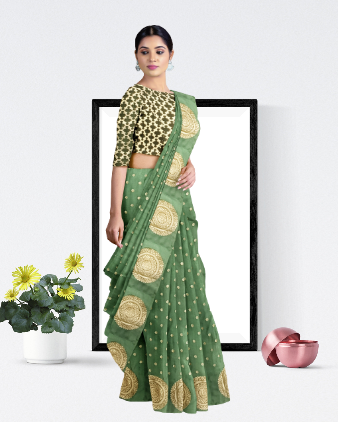 Green Color Banaras Katan Silk Saree for Women - Side View of Saree