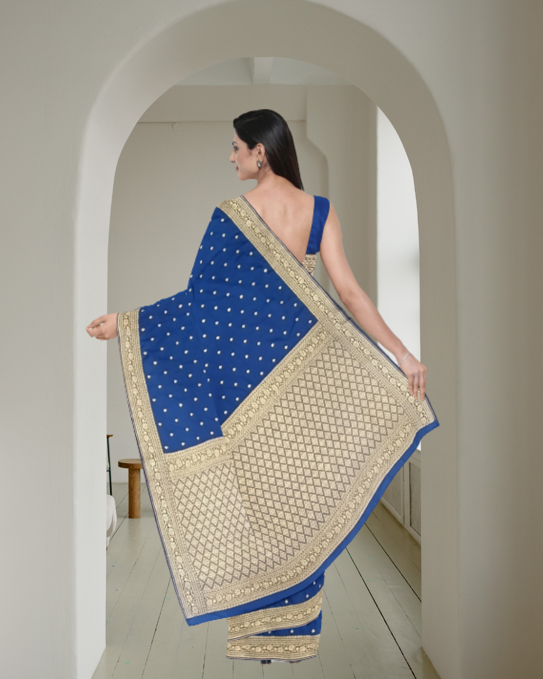 Navy Blue Color Banaras Katan Silk Saree for Women - Back Side View of Saree