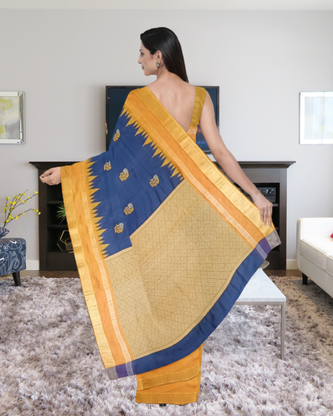 Navy Blue Color Raw Silk Saree for Women - Back Side View of Saree