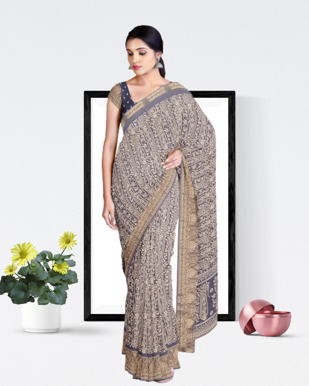 Grey Color Crep Printed Silk Saree for Women