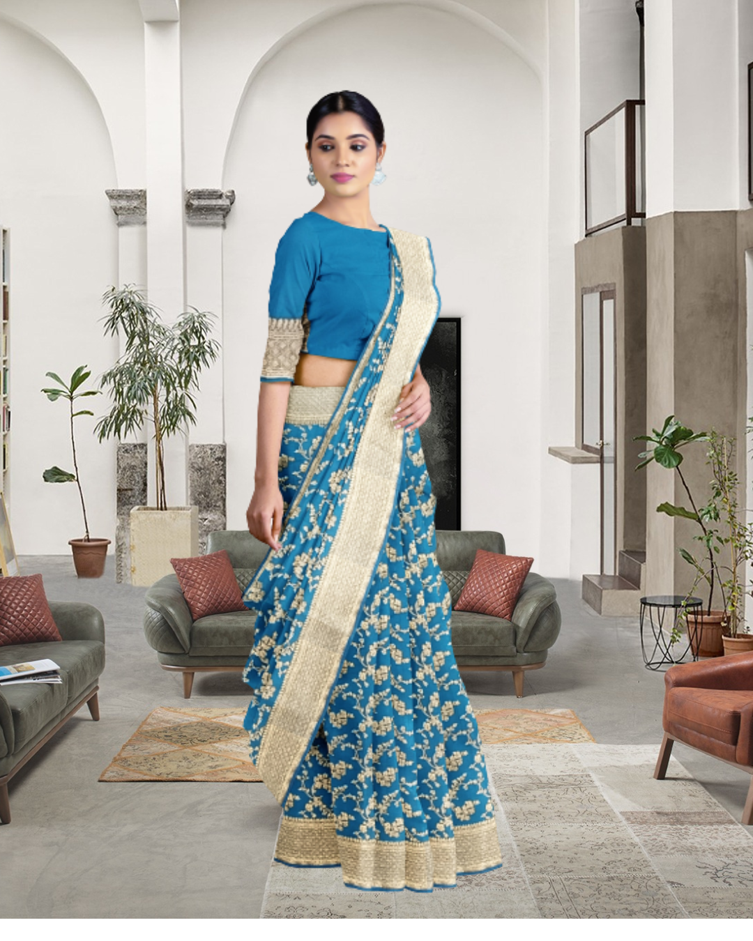 Peacock Color Banaras Katan Silk Saree for Women - Side View of Saree