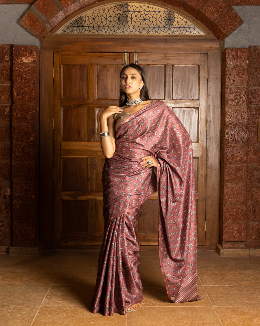 Onion Pink Tussar Silk Saree | Seematti