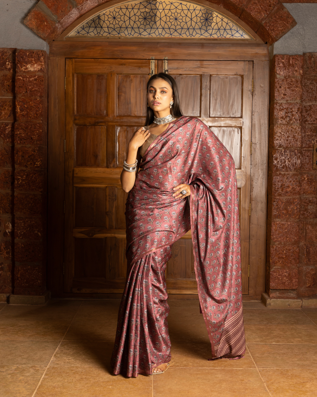 Dark Onion Color Printed Tussar Silk Saree for Women