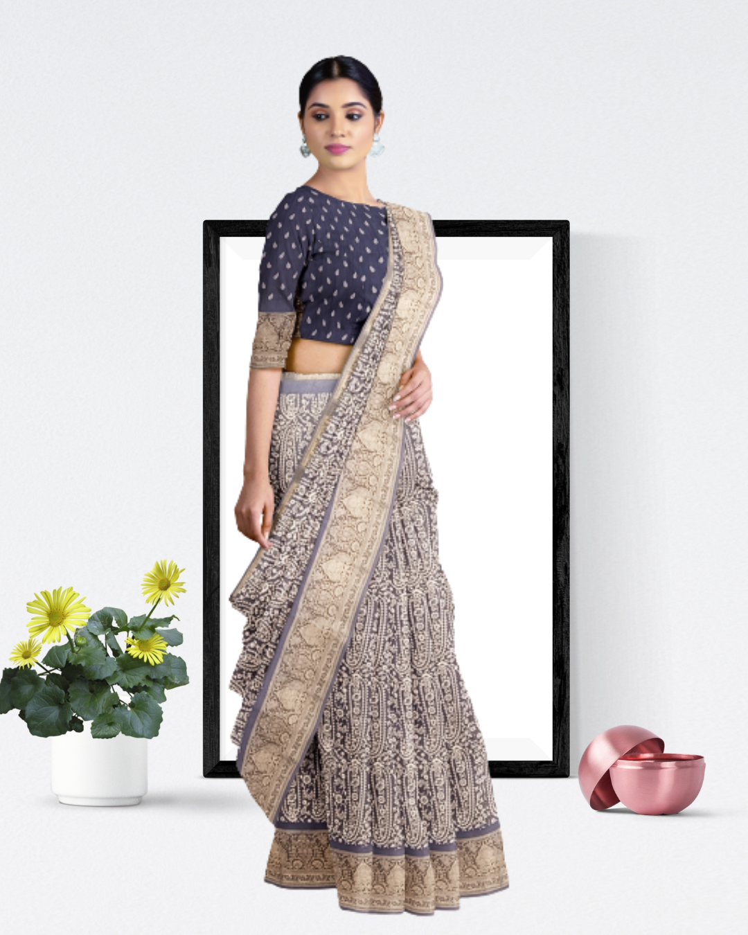 Grey Color Crep Printed Silk Saree for Women - Side View of Saree