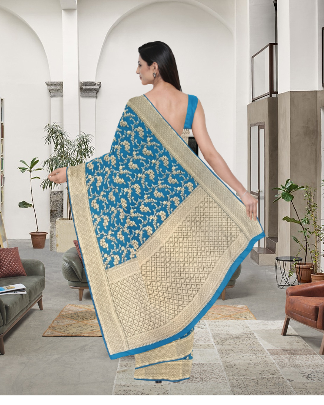 Peacock Color Banaras Katan Silk Saree for Women - Back Side View of Saree