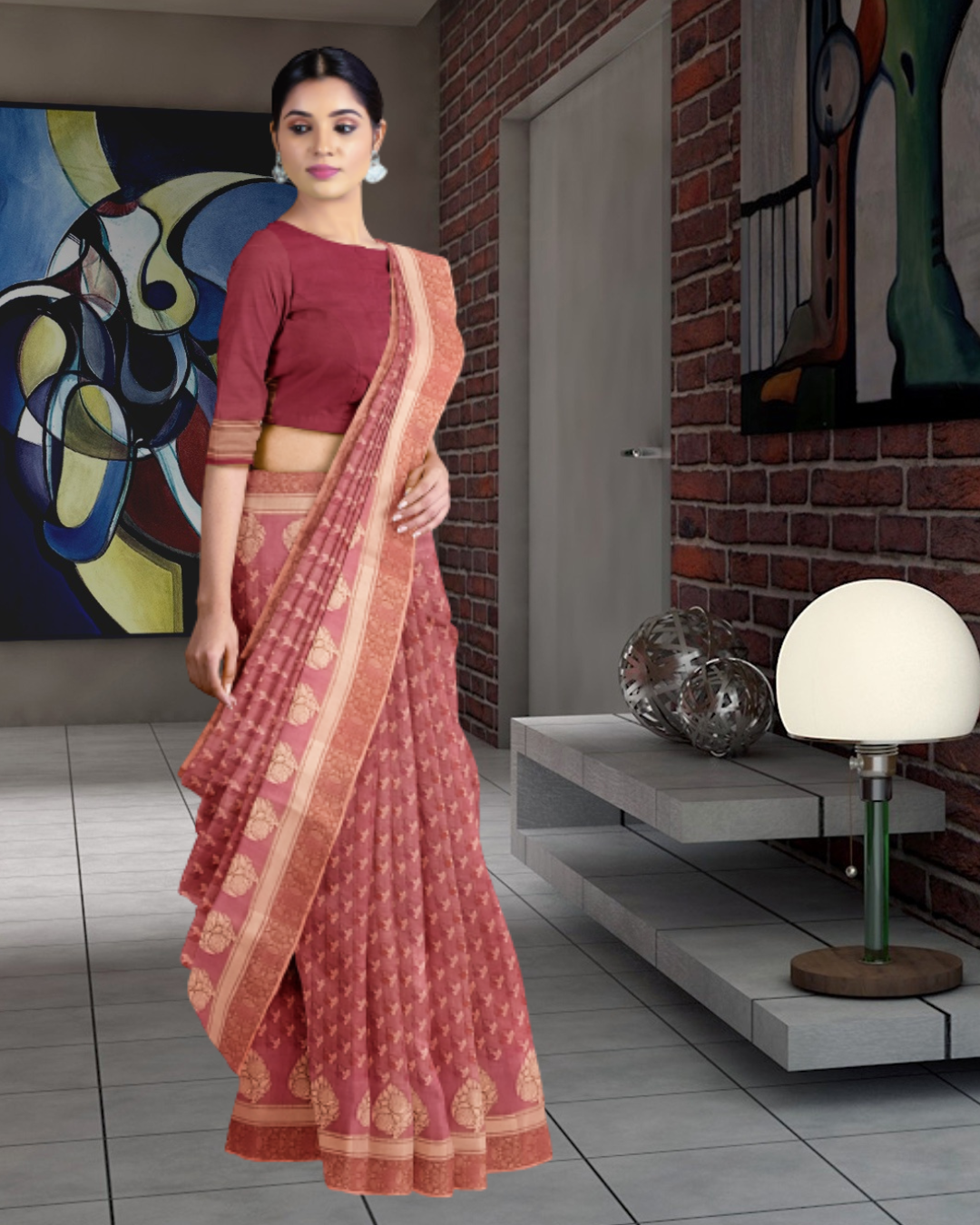 Gajari Color Banaras Cotton Saree for Women - Side View of Saree