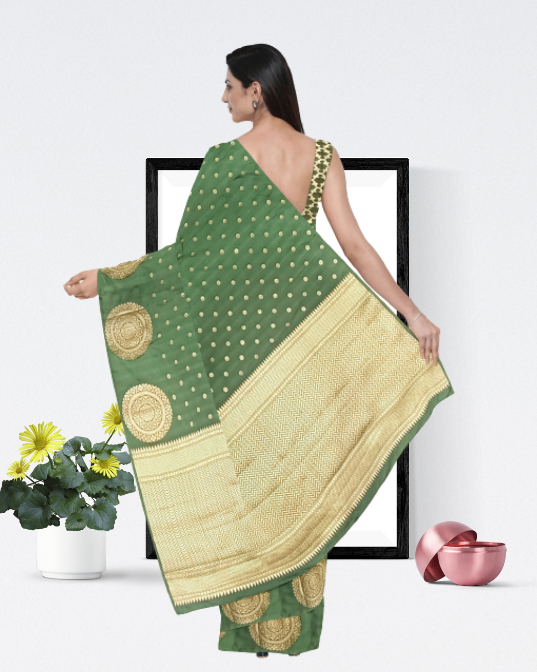 Green Color Banaras Katan Silk Saree for Women - Back Side View of Saree