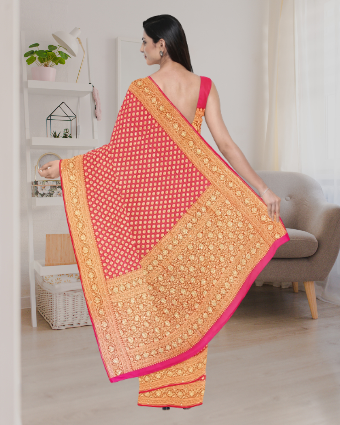 Rani Banaras Khaddi Georget Saree for Women - Back Side View of Saree