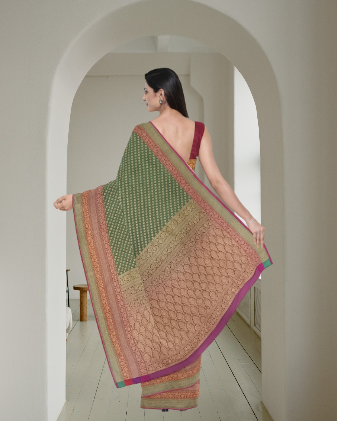 Rama Color Banaras Silk Saree for Women - Back Side View of Saree