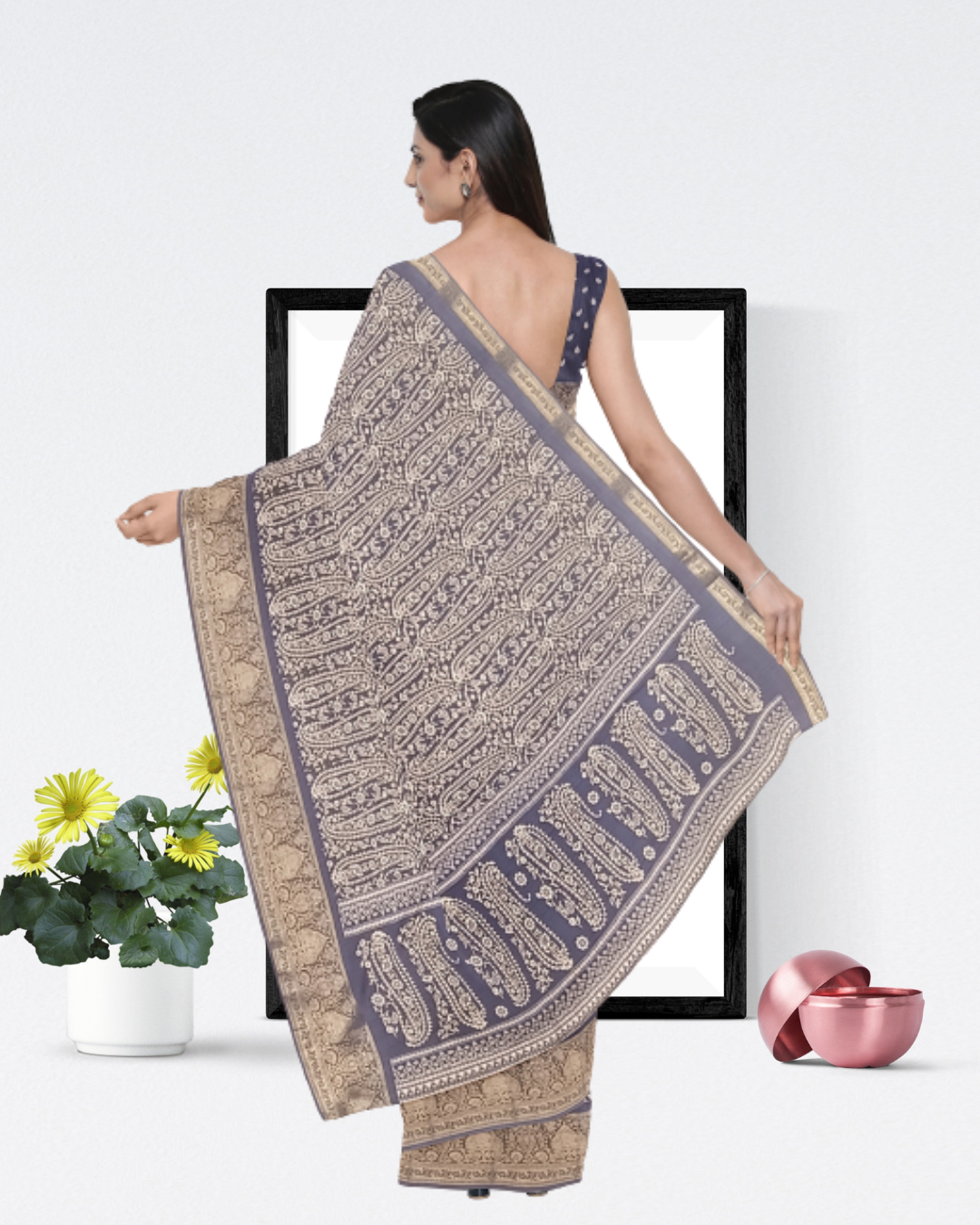 Grey Color Crep Printed Silk Saree for Women - Back Side View of Saree