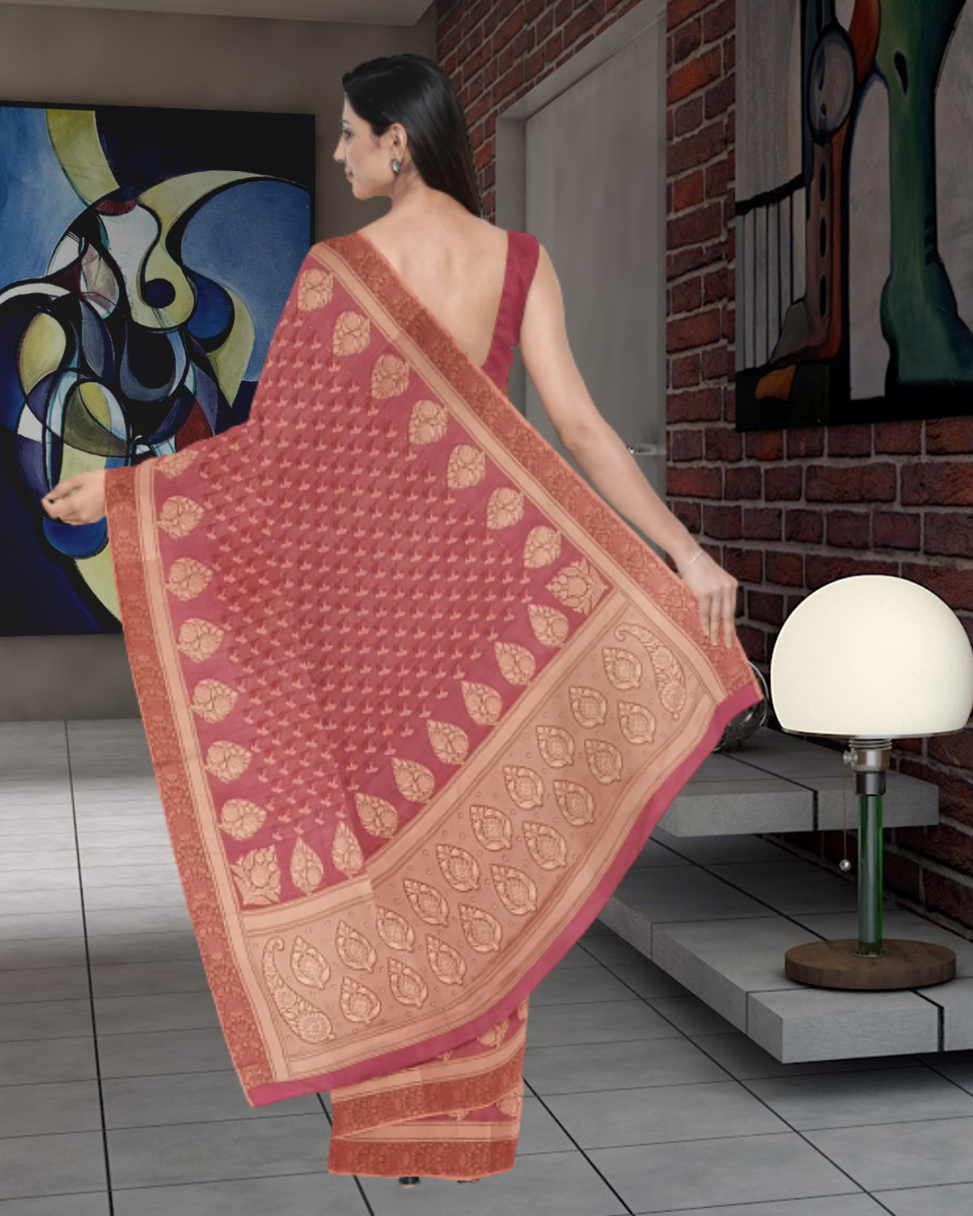 Gajari Color Banaras Cotton Saree for Women - Back Side View of Saree