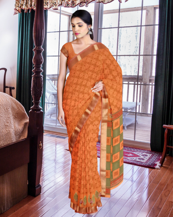 Orange Color Cotton Printed Saree Saree for Women