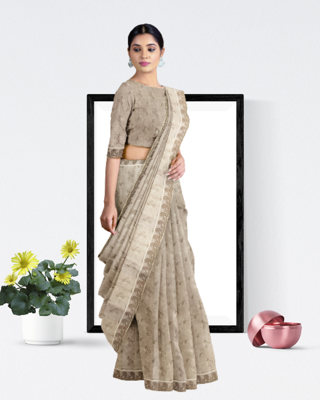 Grey Color Cotton Saree for Women - Side View of Saree