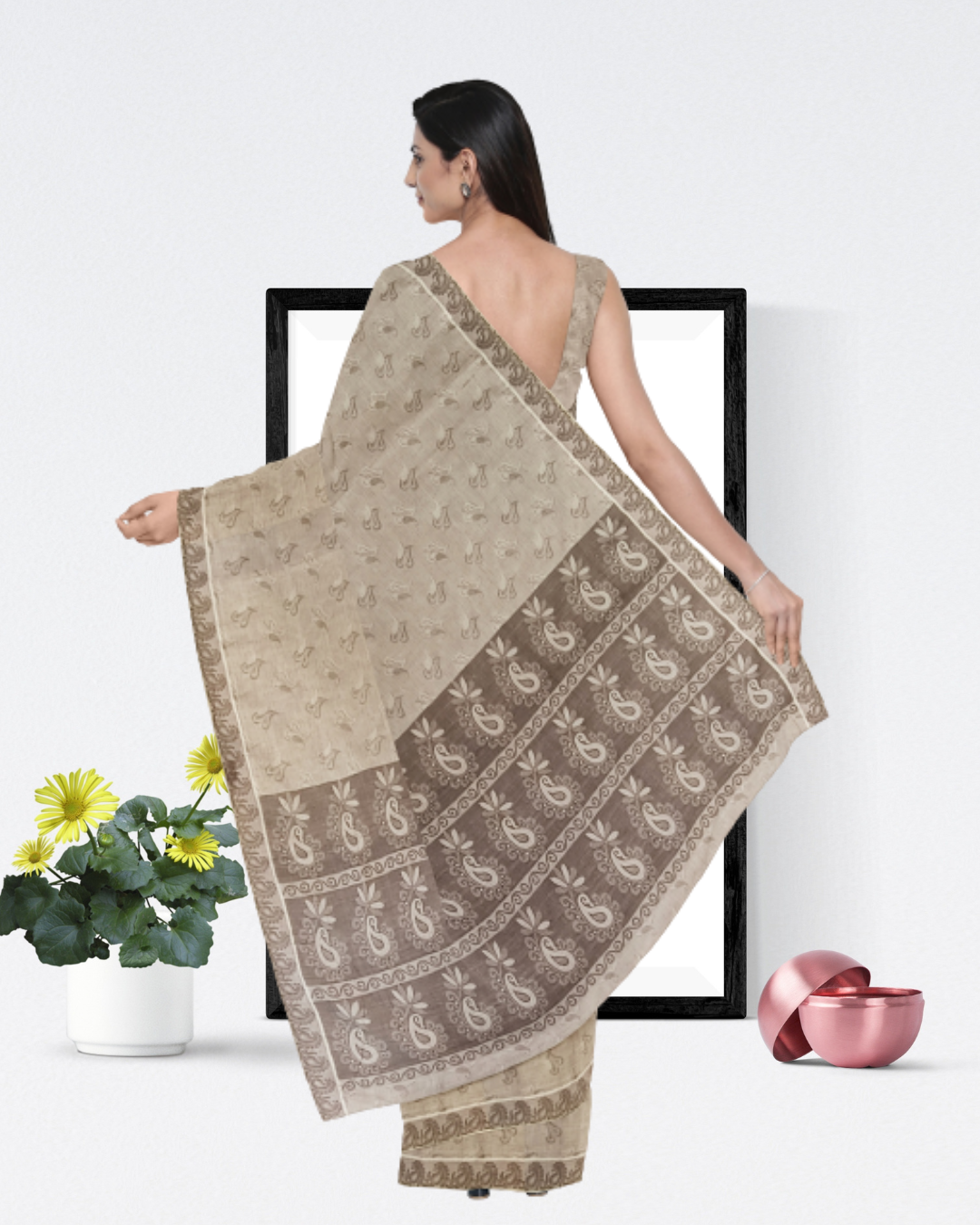 Grey Color Cotton Saree for Women - Back Side View of Saree