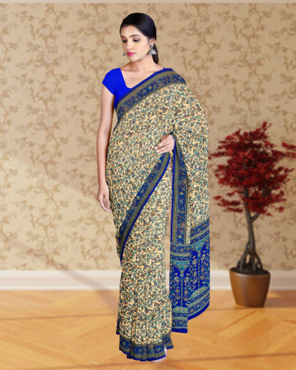 Cream Color Printed Silk Saree for Women