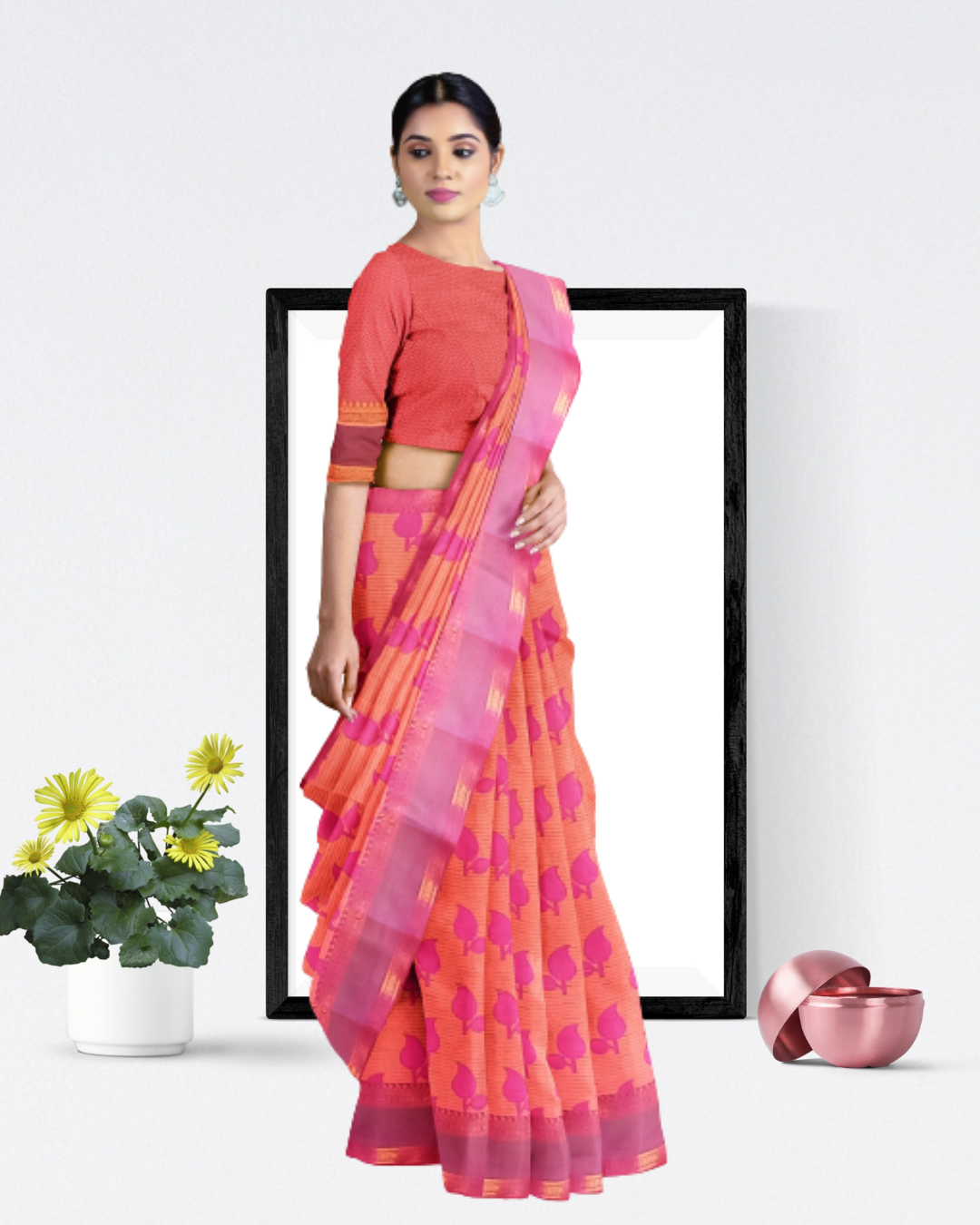 Rani Color Cotton Saree for Women - Side View of Saree