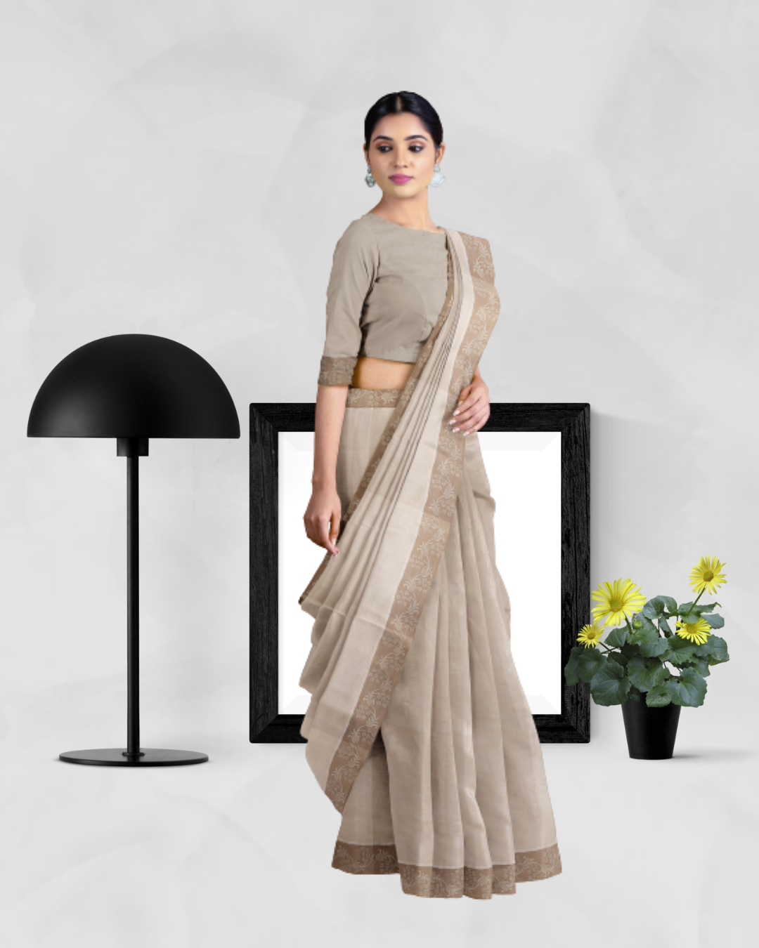 Cream Color Cotton Saree for Women - Side View of Saree