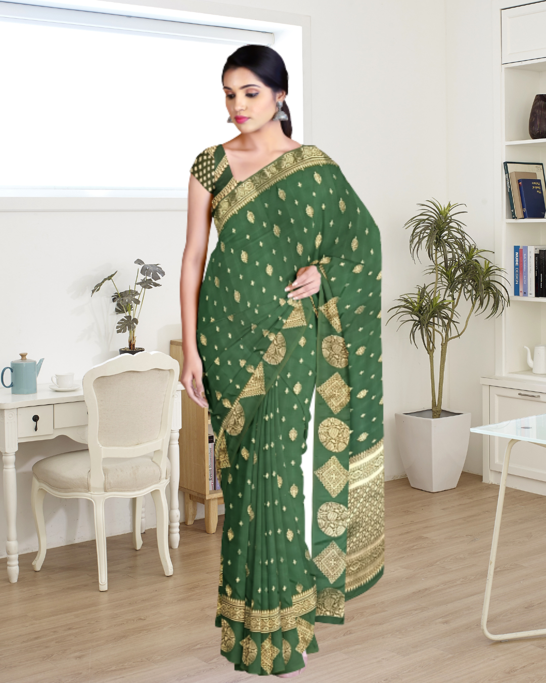 Green Color Banaras Katan Silk Saree for Women - Front Side of Saree 